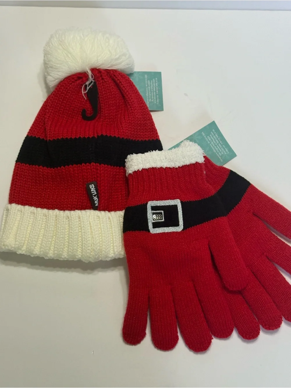 Muk Luks Red Knit Santa Hat & Gloves Set with Pom Pom NWT